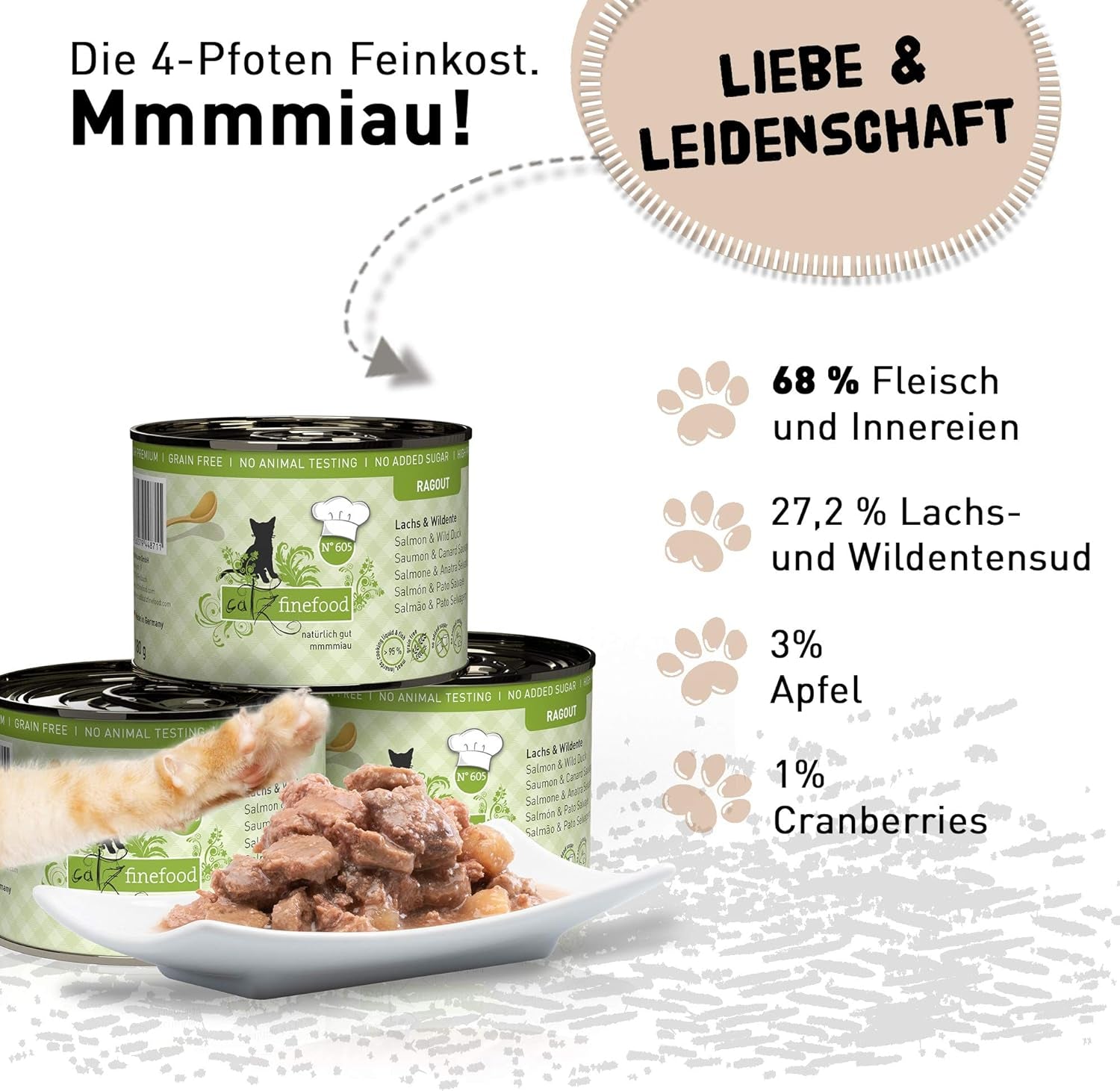 Catz Finefood Ragout N° 605 Salmon & Duck Cat Food Wet - hrană umedă delicatessen pentru pisici în sos fără cereale și zahăr cu conținut ridicat de carne, cutie 6 X 190 G