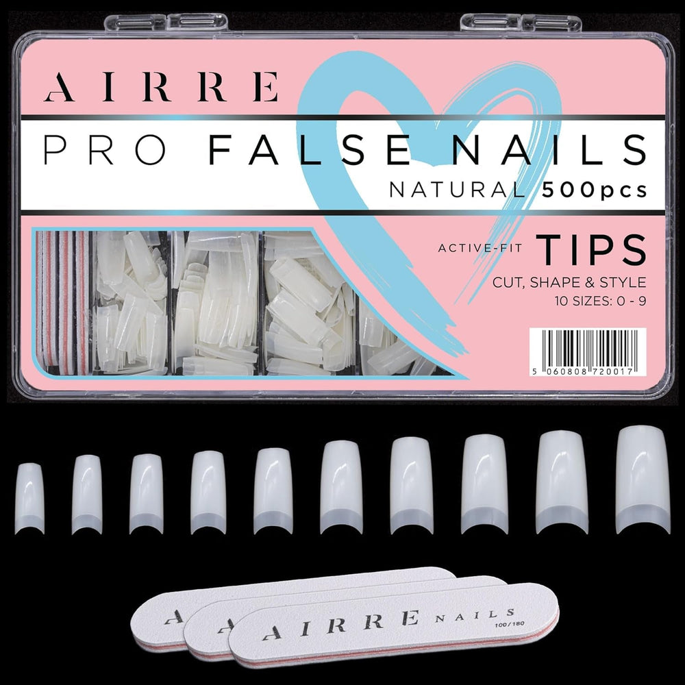 AIRRE 500 Unghii cu Gel Profesionale Èi 3 Pile cu Cutie - (10 MÄrimi) Unghii False SemilunÄ Franceze, Pentru Saloane Èi Uz AcasÄ, TÄiere, Pilire Èi Modelare, Gel UV/LED, OjÄ Èi Nail Art (Natural)