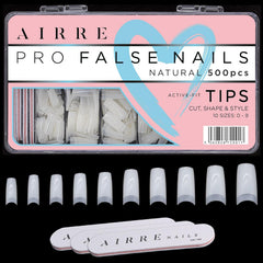 AIRRE 500 Unghii cu Gel Profesionale Èi 3 Pile cu Cutie - (10 MÄrimi) Unghii False SemilunÄ Franceze, Pentru Saloane Èi Uz AcasÄ, TÄiere, Pilire Èi Modelare, Gel UV/LED, OjÄ Èi Nail Art (Natural)