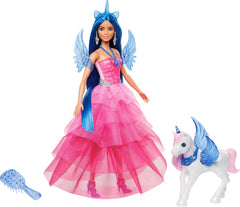 Barbie O Magie Ascunsă - Păpușă cu Unicorn, rochie roz cu detalii albastru safir, bentiță de unicorn, aripi și coadă detașabile din safir, pentru copii cu vârsta de 3 ani și peste, HRR16