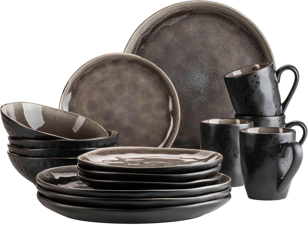 MÄSER 934073 Niara Organic Series, set de veselă modern pentru 4 persoane, cu aspect vintage incitant, serviciu combinat format din 16 piese cu o combinație specială de glazură în negru și maro, gresie