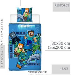 Minecraft Bettwäsche Kinderbettwäsche Jugendbettwäsche 135X200 · Unterwasserwelt · Wende Motiv · Kissenbezug 80X80 + Bettbezug 135X200 Cm · 100% Baumwolle · Deutsche Größe Naty Shop
