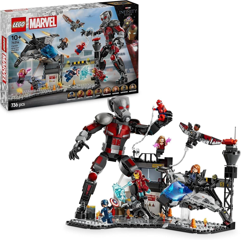 LEGO Marvel Captain America: Civil War Action Duel - Superhero Playset with 8 Minifigures - Toy Airplane Building and Play Set - Gift for Boys and Girls 76314 Building Sets Besuche den LEGO-Store Default Title