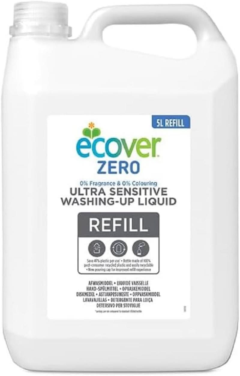 Ecover Zero Hand Dishwashing Liquid (5 L), Lichid de spălat vase sustenabil cu agenți tensioactivi din zahăr fără parfumuri, puternic degresant Detergenti Bucatarie Naty Shop 5 litri