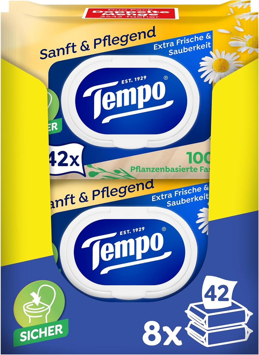 Șervețele umede de toaletă Tempo "Gentle & Caring" - Megapack - 16 pachete a câte 42 de șervețele - Duo Packs - cu mușețel natural - hârtie igienică, testată dermatologic și neutră față de Ph-ul pielii