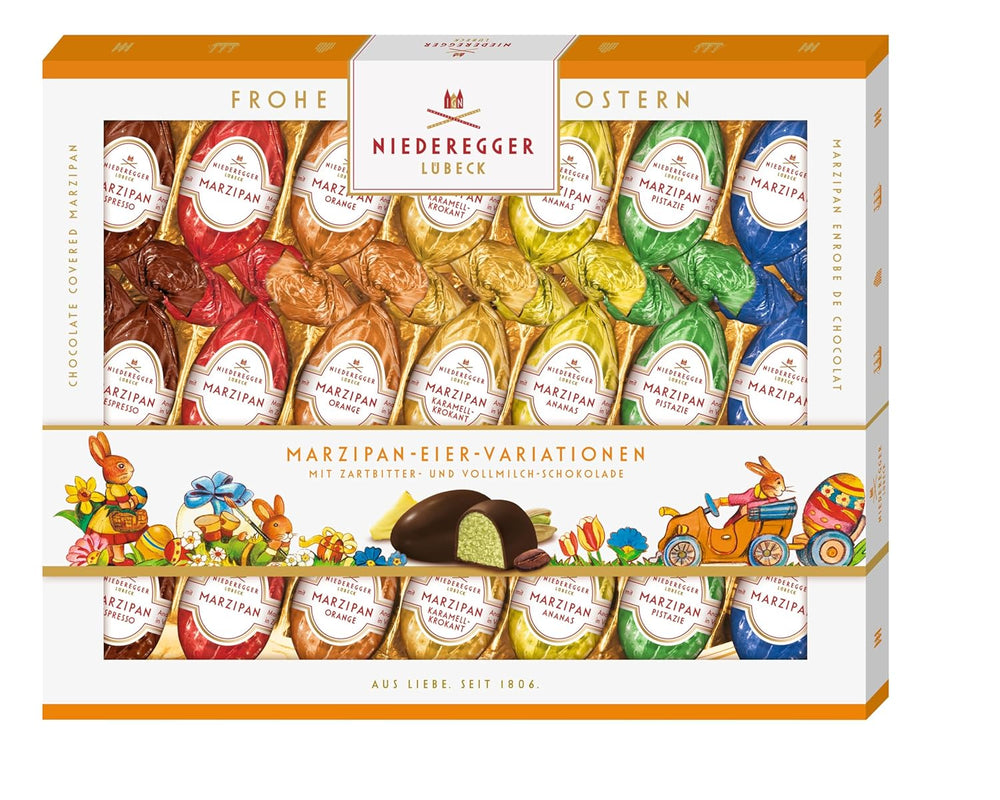 Niederegger | Marzipan eggs | 1 x 262g | Variants: Classic, Milk Chocolate, Orange, Caramel Crunch, Pineapple, Espresso and Pistachio | Covered with dark and milk chocolate | Easter gift