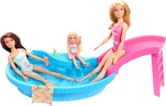 Barbie doll and accessories - pool with slide and accessories for hours of fun in the sun, pink swimsuit with tropical design, for children from 3 years, HRJ74 Naty Shop Dollhouses