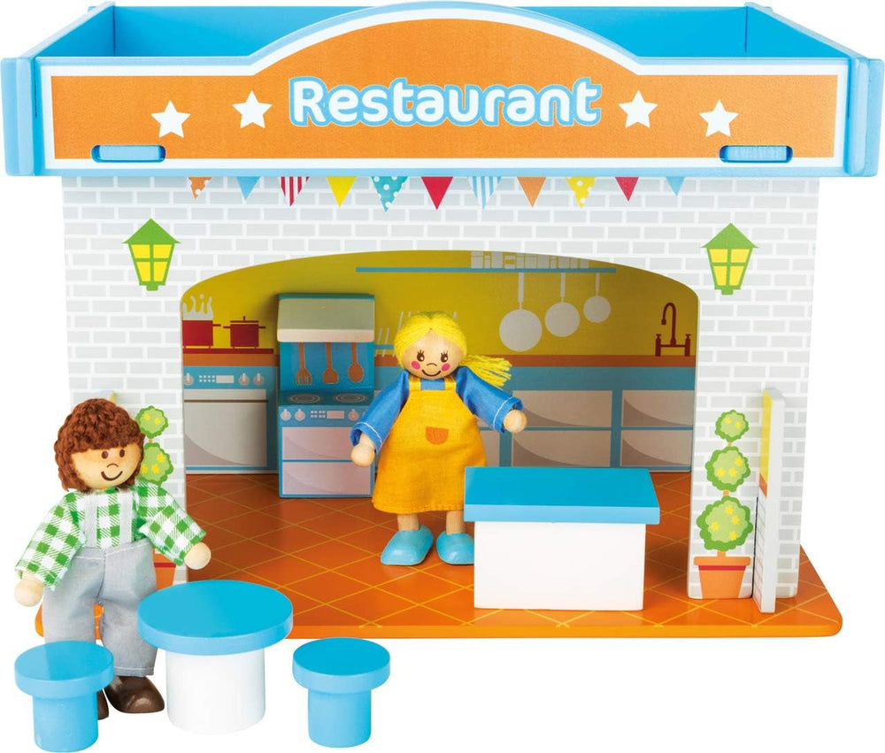 Small Foot 10852 Playhouse Restaurant Made of wood, With 2 doll figures, accessories and removable roof, From 3 years Dollhouses Naty Shop Restaurant