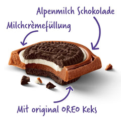 Milka Oreo Sandwich – Alpine milk chocolate, filled with crunchy pieces of Oreo cookies and smooth vanilla cream – 92g