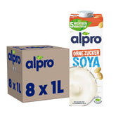 Alpro Sojadrink – Vegan und milchfrei – Von Natur aus laktosefrei und fettarm – Rich an pflanzlichen Proteinen, inhalt Calcium und Vitamine – 8 x 1 L – Haltbar
