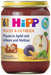 HiPP Organic Plums in Apple Cream with Whole Grains and Lemon Balm (6 x 190g), from 6 months, with organic whole grains and beneficial herbs, only natural fruit sweetness, of the best organic quality