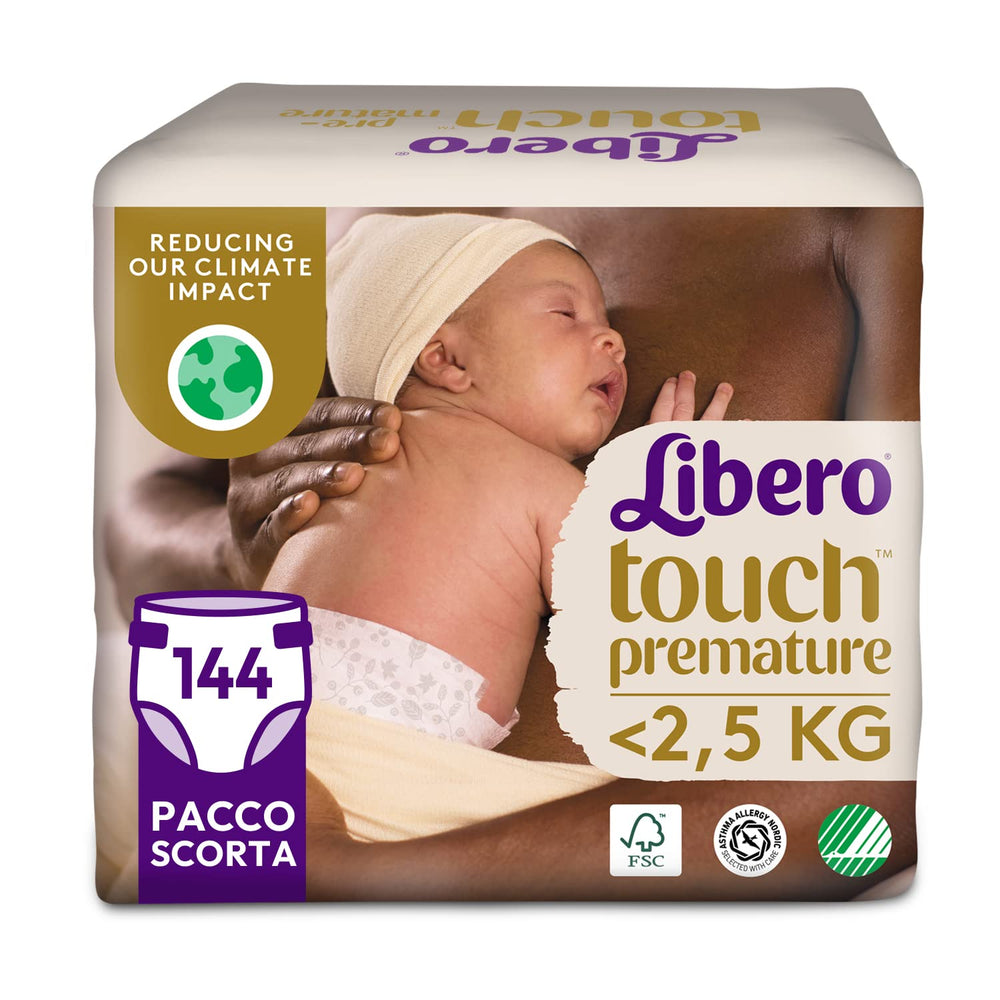 Libero Touch Open Baby Diapers, 144 Premature Baby Diapers <2.5 kg, 6 packs of 24 disposable diapers