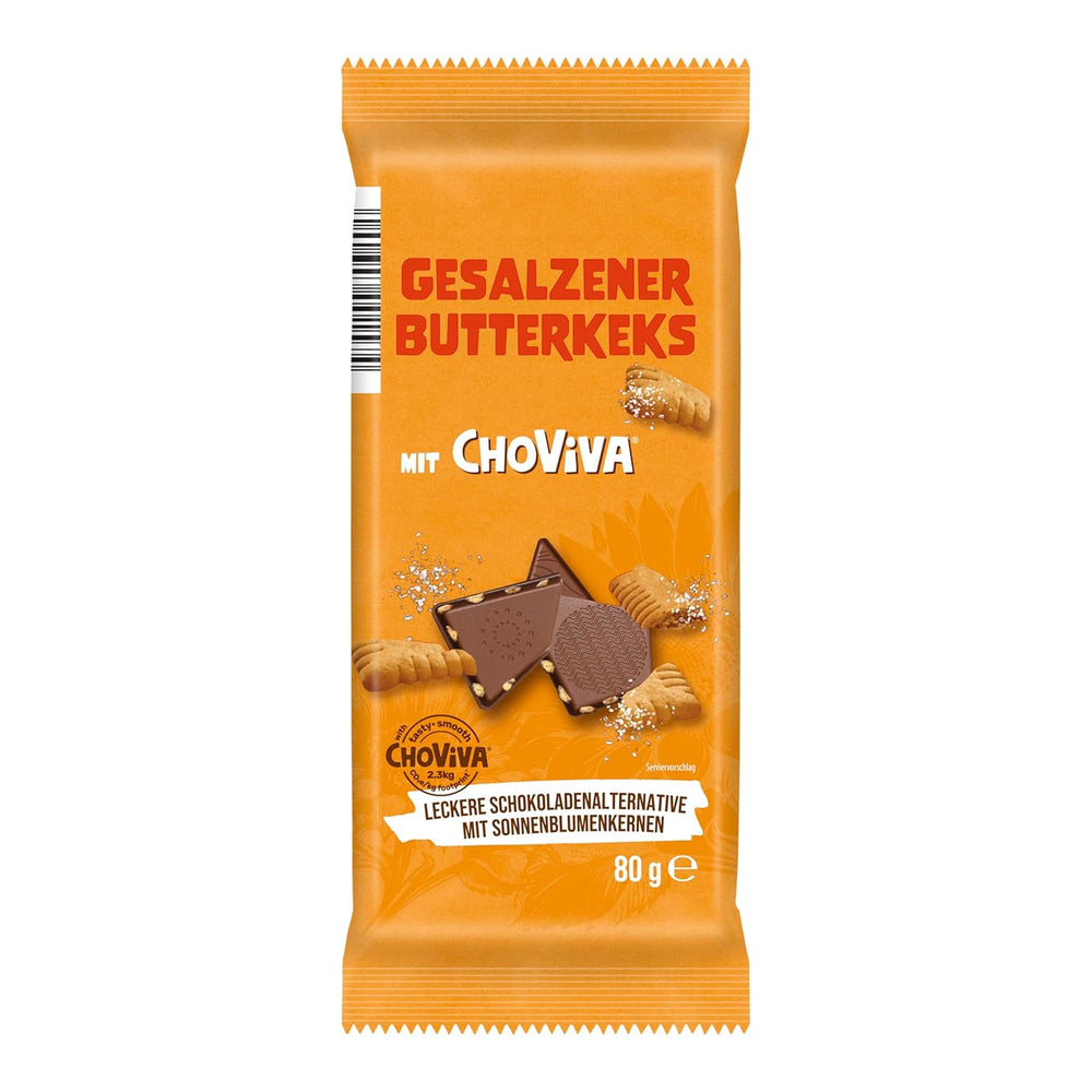 Salted Butter Biscuits and ChoViva, 80g bar, made from alternative chocolate with sunflower seeds