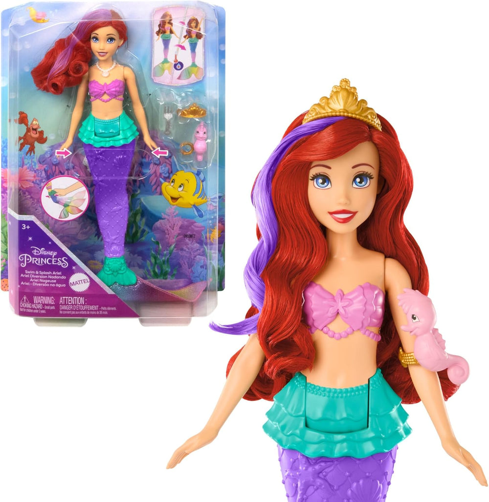 Mattel DISNEY Arielle - Meerjungfrauenpuppe mit Farbwechseleffekt, inklusive Seepferdchen-Freund, Diadem, Halskette und Dingelhopper für Unterwasserabenteuer, HPD43