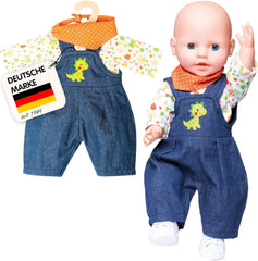 Heless 1115 - Bekleidungs-Set für Puppen im Dino-Design, 3 teilig mit Latzhose, T-Shirt und Halstuch, Größe 28 - 35 cm