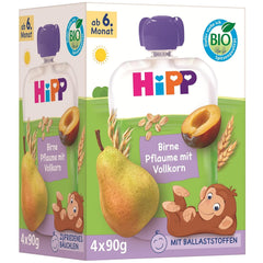 HiPP Organic Pear and Plum Sachets, Whole Grain, 16 Pieces (4 Packs of 4 x 90g Each), for Babies from 6 Months, No Added Sugar, Vegan, Best Organic Quality