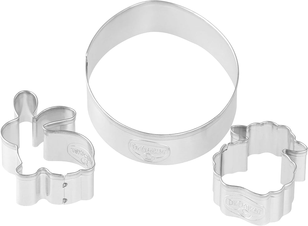 Forme de biscuiți Dr. Oetker Linzer „Ou de Paște, iepuraș și oaie”, forme de biscuiți și fursecuri din seria „Paștele Auriu” (culoare: argintiu), cantitate: 3 bucăți