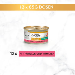 Pate fin Gourmet Gold cu legume, hrană umedă pentru pisici cu păstrăv și roșii, pachet de 12 (12 x 85g)