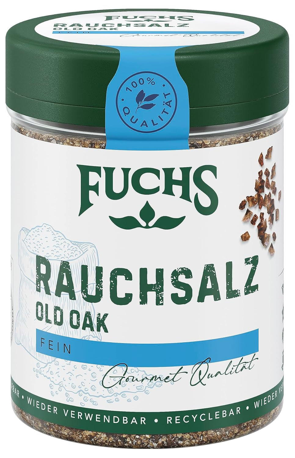 Fuchs Gewürze - Rauchsalz "Old Oak" - über Eichenholz geräuchert, rauchiger Gesmack für Grillfleisch oder Fisch - natürliche Ingredient - 100 g in wiederverwendbarer, recyclebarer Dose