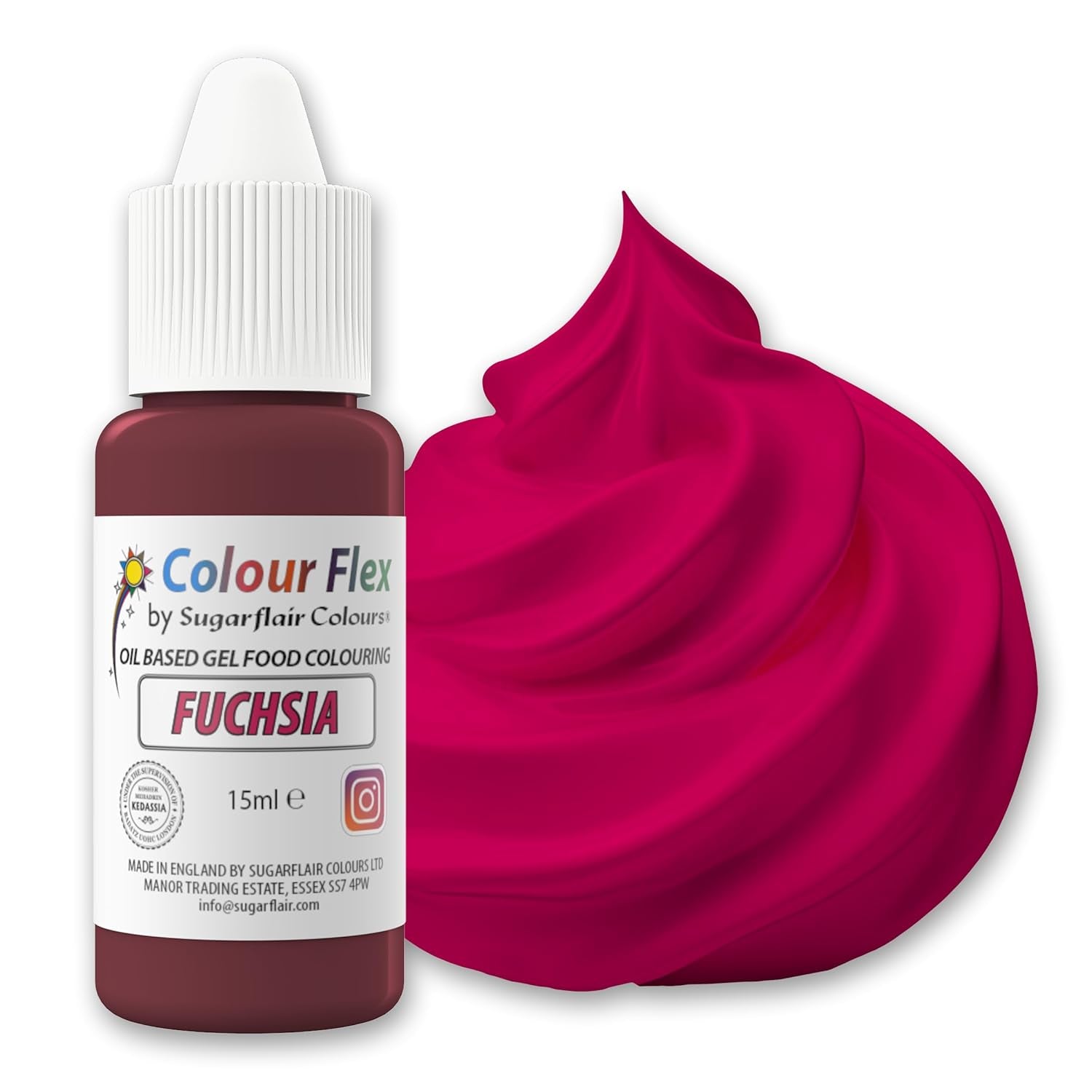 Colorant alimentar pe bază de ulei Sugarflair Colourflex Fuchsia, colorant alimentar lichid foarte concentrat, colorant alimentar pentru cremă de unt, ciocolată, aluat, fondant, glazură și multe altele - 15 ml