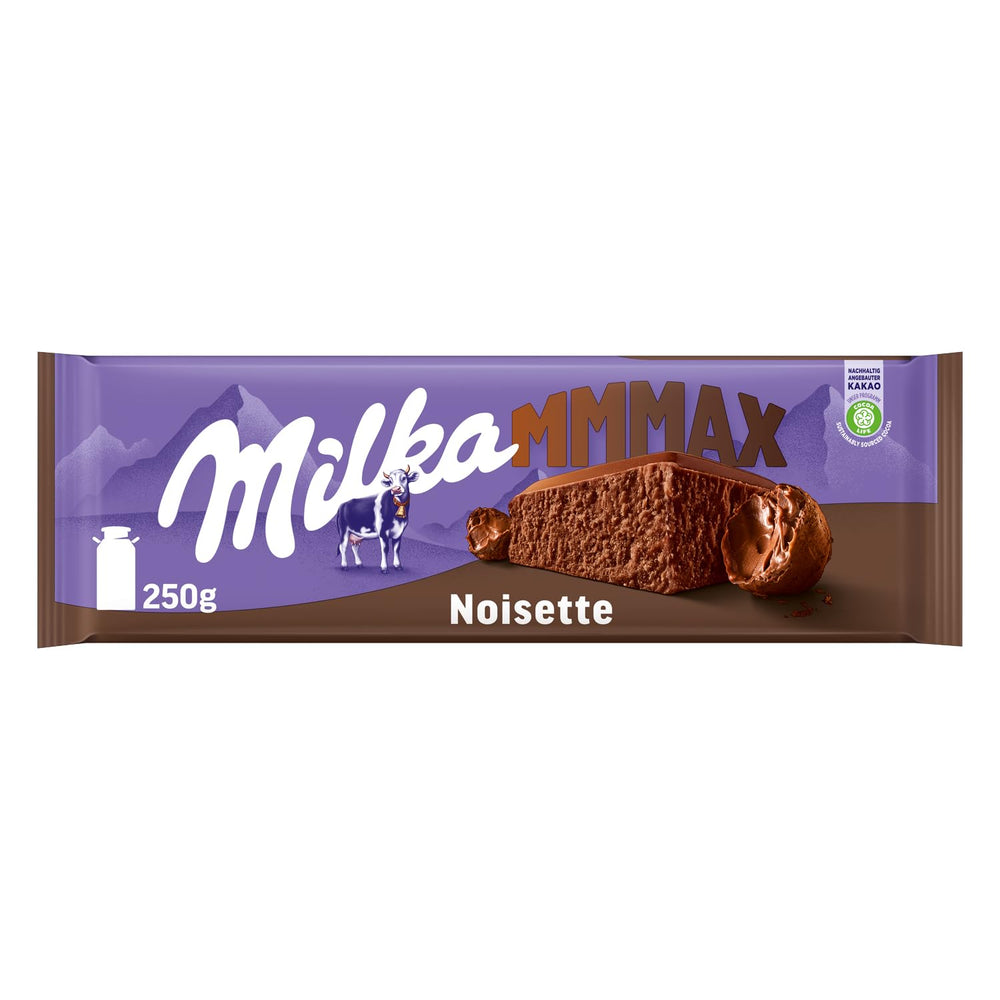 Milka MMMAX Noisette – Alpine milk chocolate with a delicate and creamy hazelnut filling – 250g