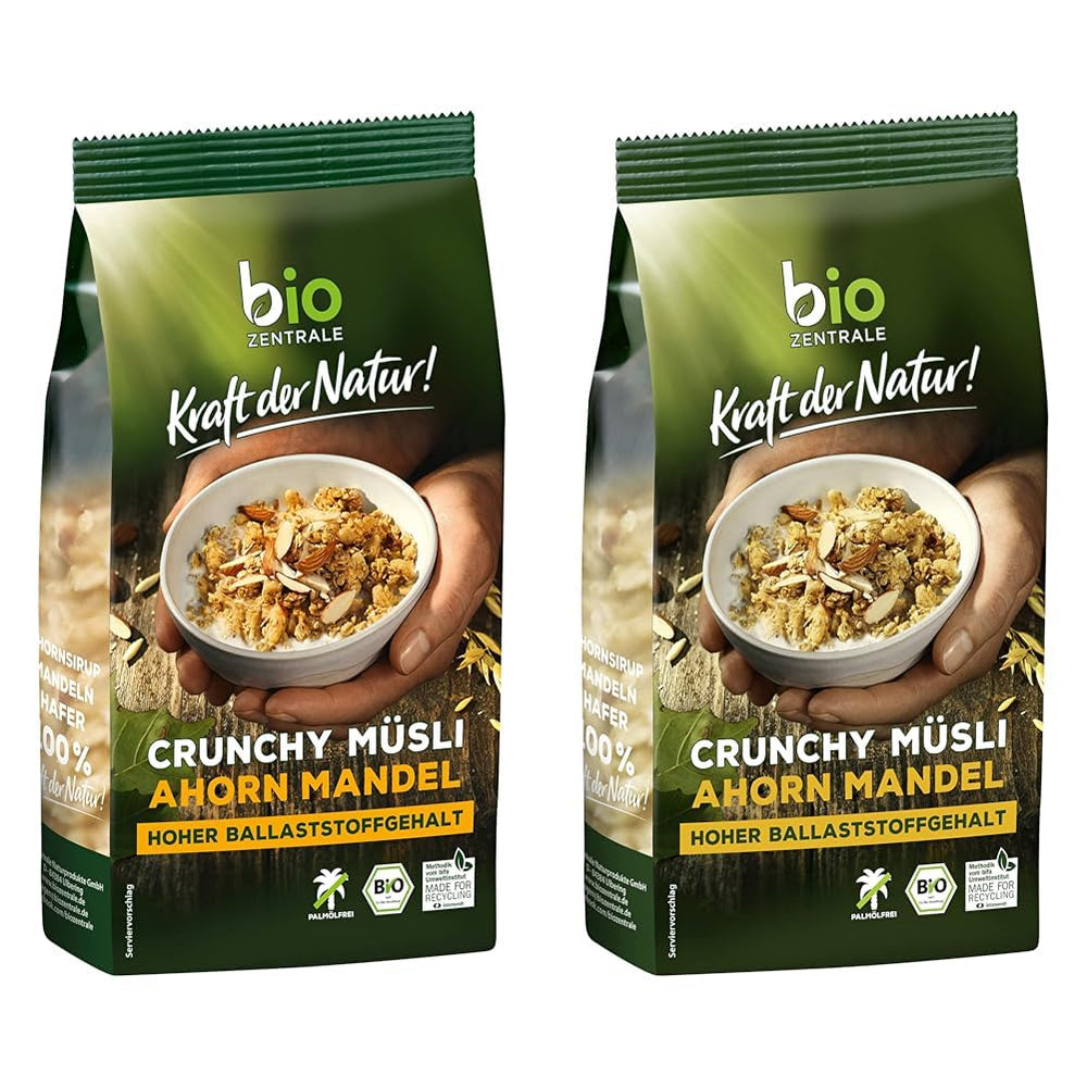 Crispy Maple Almond Muesli | 375 g Organic Crunchy Muesli | Ideal for breakfast and a cup of takeaway muesli | Vegan & Palm Oil Free (Pack of 2)
