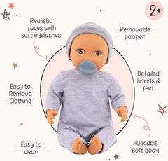 LullaBaby - Baby Puppe - Einteiler & Mütze - 36 cm Realistic Baby-Puppe - Hazelnut Brown Eyes & Soft Body - Romper & Schnuller-Zubehör - Pretend Play Spielzeug - Kinder 2 Jahre +