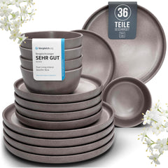 Set de veselă din gresie pentru 12 persoane, 36 de piese, stil urban de înaltă calitate, TEST FOARTE BUN, Set de veselă din gresie - Set bol și farfurie - Serviciu de cină pentru 12 persoane, Seturi de veselă Pure Living în gri mat-maro