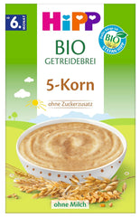 Terci de cereale organice HiPP cu 5 cereale (7 x 200 g), de la 6 luni, fără zahăr adăugat, delicat cu burtica bebelușului, de cea mai bună calitate organică