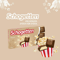 Schogetten popcorn 1 chocolate bar x 100g, milk chocolate with popcorn and pieces of corn, practical individual pieces. A delicacy. Piece by piece.