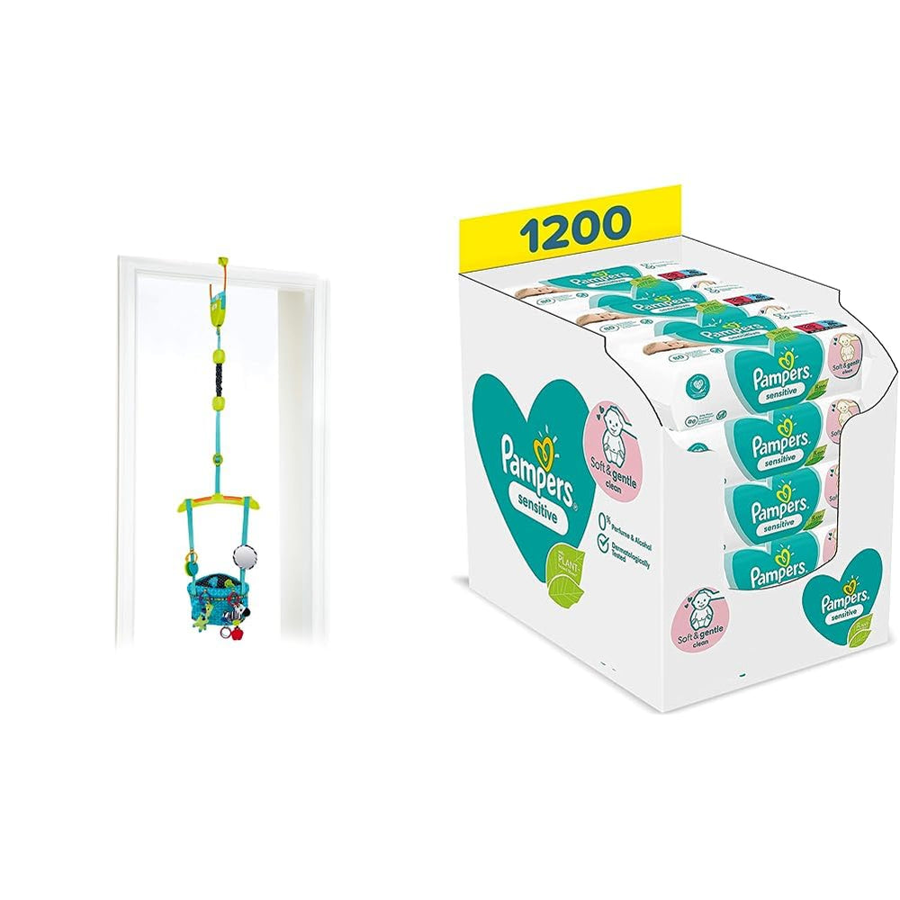 Bright Starts Deluxe Door Catch Set with Secure and Stable Door Frame Clip and Pampers Sensitive Baby Wipes, 1200 Wipes (15 x 80)