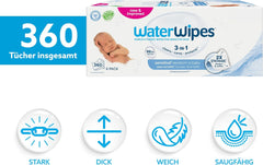 WaterWipes Sensitive+ Wet Wipes for Newborns and Babies, 360 Pieces (6 Pack), 3-in-1 Cleaning, Care, Protection, 99.9% Water, Fragrance Free