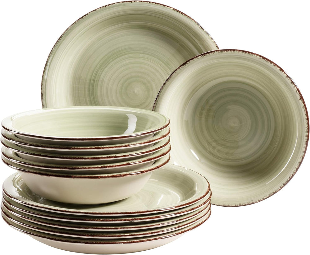 Set de veselă MÄSER pentru 6 persoane, aspect vintage modern, serviciu de masă cu 12 piese, pictat manual, verde, gresie, verde măsliniu (Bel Tempo II)