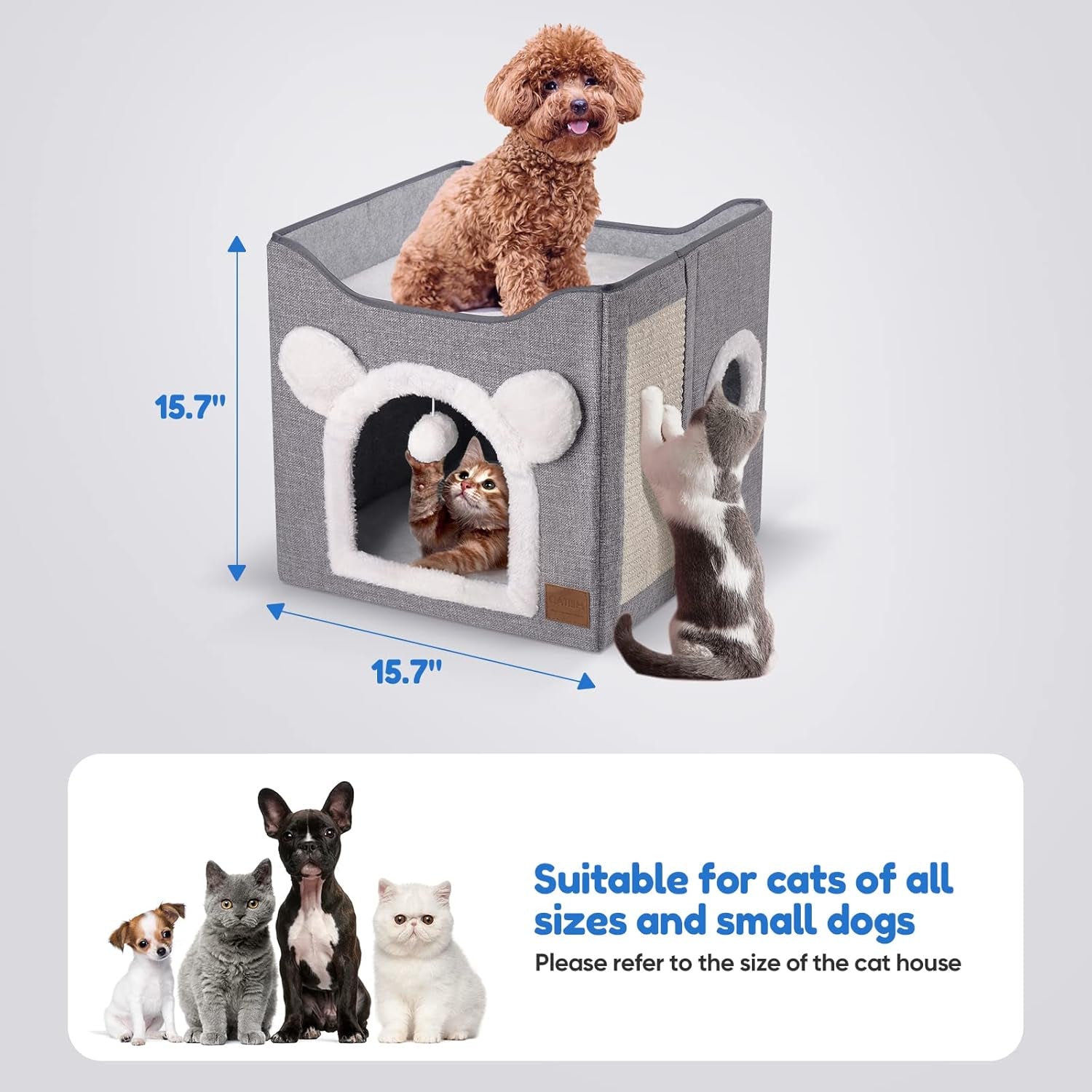 CATISM Căsuță pliabilă pentru pisici, Peșteră pentru pisici, Cub cu 2 straturi, Pat pentru pisici cu spațiu mare, cu placă de zgâriat și minge de joacă pentru animale de companie mici și medii, odihnă în interior, 40 * 40 * 35 cm, gri