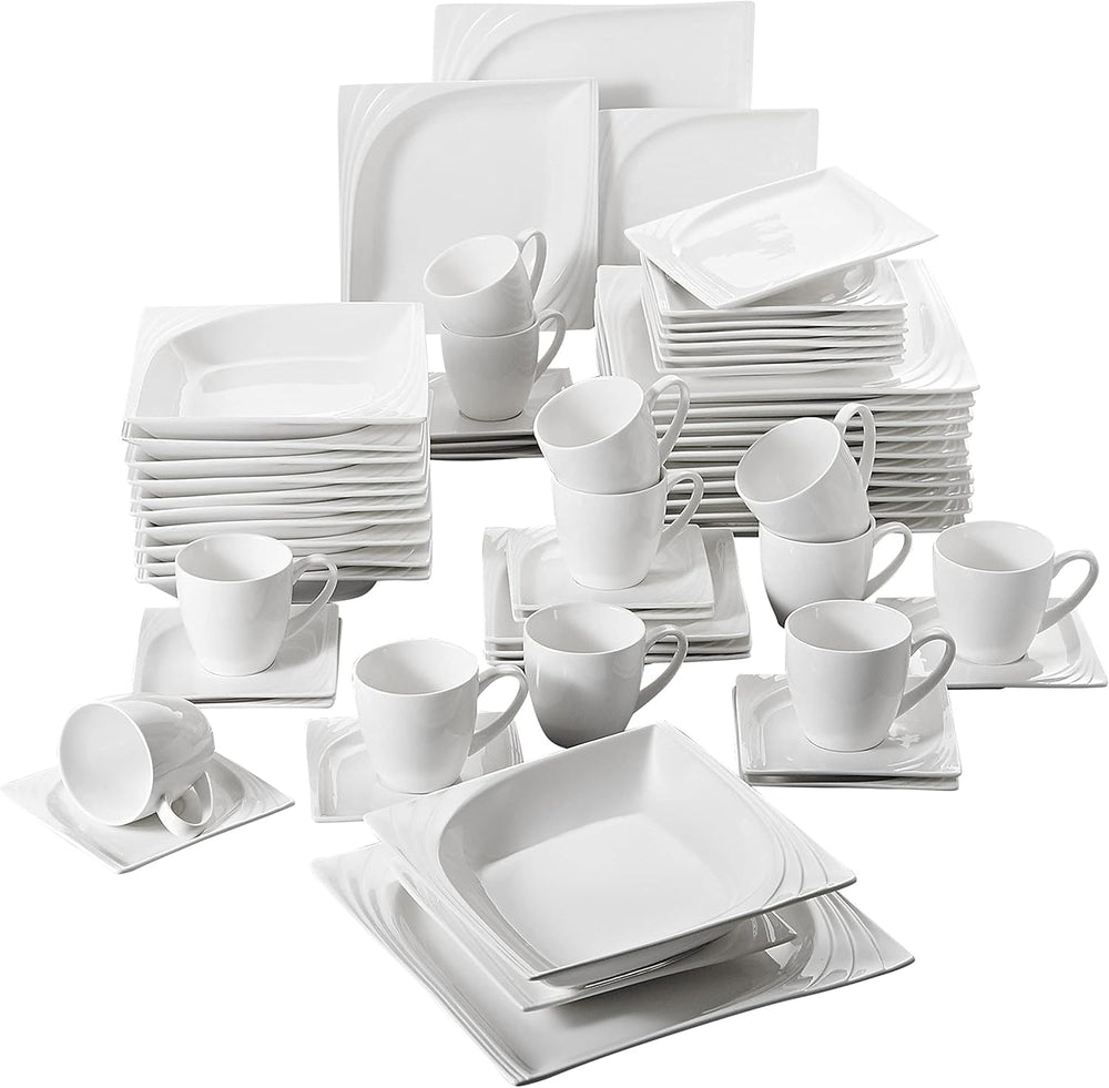 MALACASA, Seria Monica, Set de veselă pentru 12 persoane, Porțelan alb-crem, Serviciu combinat cu 12 cești de cafea, 12 farfurioare, 12 farfurii de desert, 12 farfurii de sumă și 12 farfurii de cină