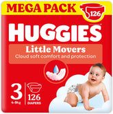 Huggies Ultra Comfort/Little Movers Diapers, Size 3 (4-9 kg), Disney Design, Absorbent, Full Protection, 126 Count
