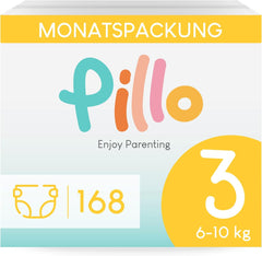 Diapers Pillo 3 - Box of 168 nappies, 6 packs of 28 nappies each, size 3 - Midi (6-10 kg) - Nappies for babies