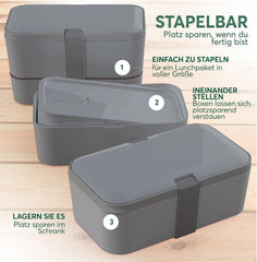 Cutie de prânz Umami pentru adulți, cutie bento stivuibilă etanșă cu 4 tacâmuri și compartimente, cutie de prânz pentru adulți, recipient pentru salată to-go, cutie de prânz pentru picnic / birou, gri cărbune, 1500 ml Cutii depozitare alimente Naty Shop