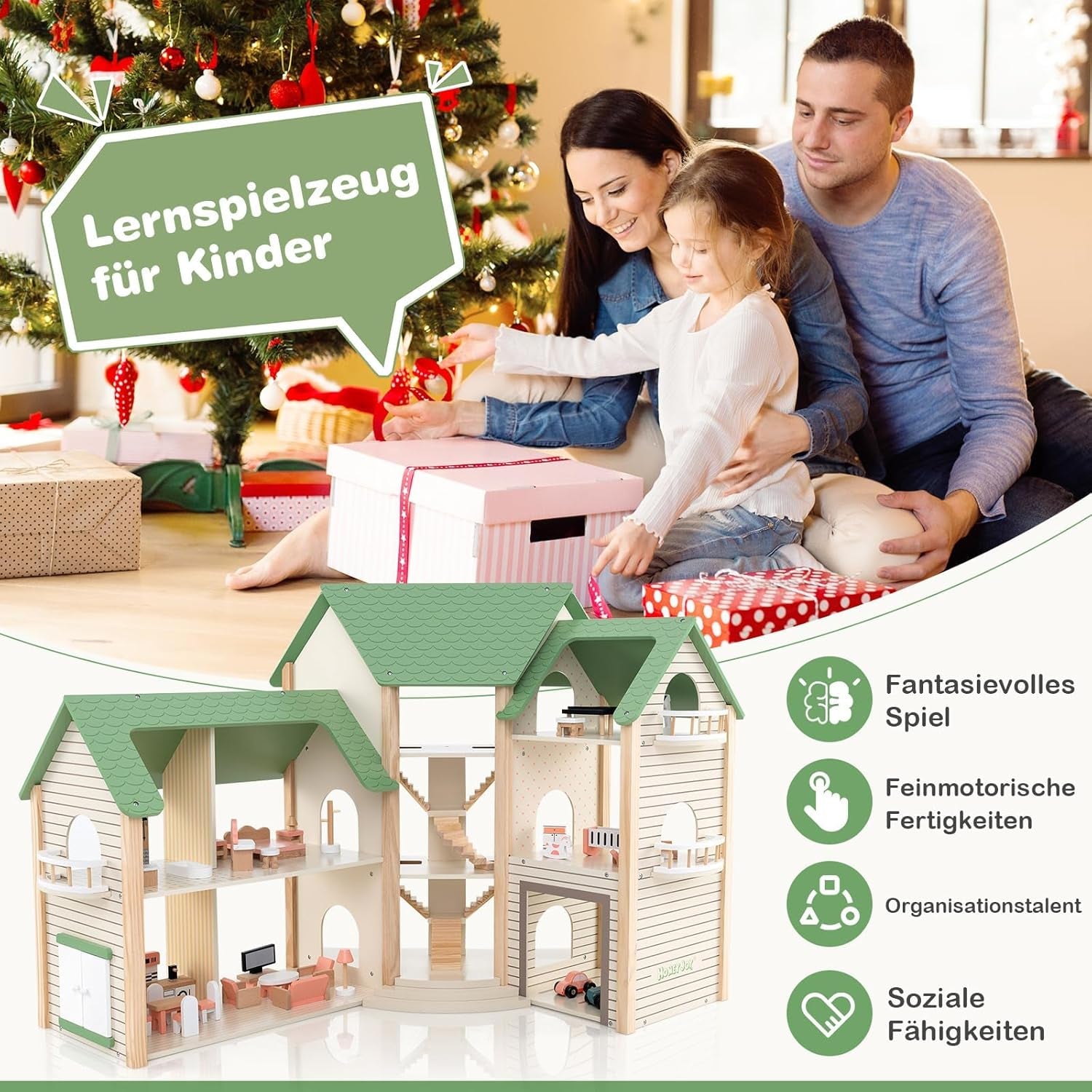 Casă de păpuși din lemn FANTASK, casă de păpuși de 83 cm înălțime cu 36 de piese de mobilier și accesorii, vilă de păpuși cu 6 camere, terasă și garaj, cadou pentru fete de la 3 ani Casute de papusi Naty Shop