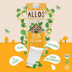 Allos Bio Sojadrink ohne Zucker | Milchalternative aus Soja | Soya Drink | Drink auf Pflanzenbasis | vegan Drink | ohne zugesetzten Zucker | vegan | lactose free | 1 Liter (6 Pieces)