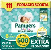 Pampers Baby Dry XL Mărimea 6 (15-30 kg), 111 scutece + 500 de puncte de îmbrățișare suplimentare gratuite