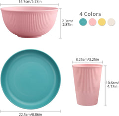 Set de veselă din plastic Tanice, 12 piese, farfurii și boluri, set de veselă pentru copii pentru 4 persoane, set de veselă din plastic cu farfurii, boluri și căni pentru bucătărie, camping în aer liber