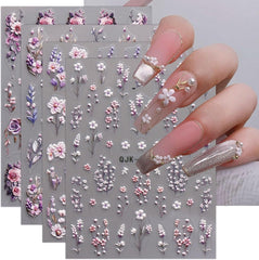 JMEOWIO 3D Nagelsticker Blumen Nail Art Sticker Selbstklebend Nagelaufkleber 5D Stereoskopisch Frühling Sommer Dekoration Nageldesign Zubehör 4 Blatt
