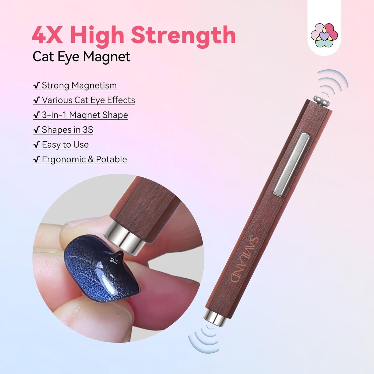SAVILAND 4X Hochfester Cat Eye Magnet Für Nagel: 3-In-1 Nagel Magnet Rund Lange Streifenperle N35 Neodym Ultra Starker Magnet Für Nagellack Präzise 3S Formung Cat Eye Gel Nagellack Magnet Magnetstift