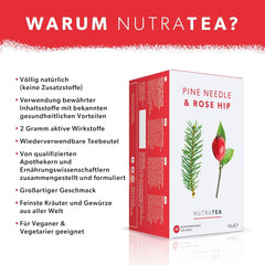 Nutra Tea Măceșe & Ace de pin, ceaiul din ace de pin contribuie la întărirea sistemului imunitar natural al organismului, la menținerea funcției rinichilor și vezicii urinare, 20 pliculețe de ceai reutilizabile, ceai din măceșe