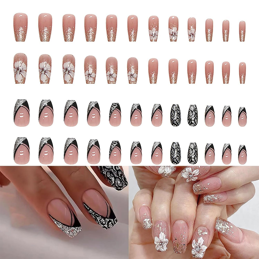 Unghii artificiale, sclipici natural, scurte, prin presare, acrilice, autoadezive, unghii strălucitoare pentru femei și fete, accesorii pentru nail art, 48 bucăți