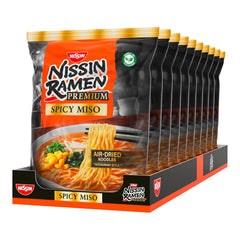Nissin Ramen Premium - Miso Spicy 10 Pack Japanese Style Air Dry Instant Noodles for 'Restaurant Style' Ramen with a mildly spicy flavor of miso and wakame flakes (10 x 90.7g)