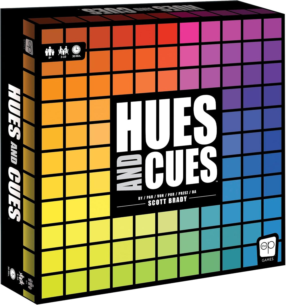 The OP | Hues and Cues multilingual board game in German for the whole family | Party game for 3-10 players | Animated color guessing game | Connect clues from 480 colored squares