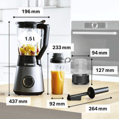 Bosch Standmixer Vitapower Serie 4 MMB6177S, Edelstahl-Klingen Made in Germany, 1,5L Thermosafe Glasbehälter, 0,6L To-Go-Flasche, Stopfer, Universalzerkleinerer, 30,000 U/Min, 1200 W, Silber Bucatarie Naty Shop