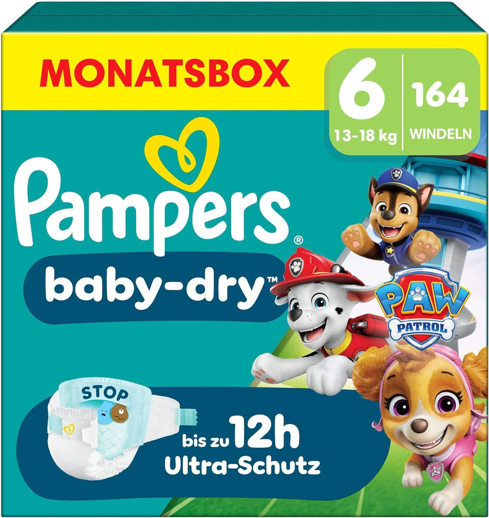 Pampers Baby-Dry Puppy Patrol Edition Diapers, Size 6, 164 Diapers, 13kg - 18kg, Up to 100% Leak Protection and All-Night Comfort